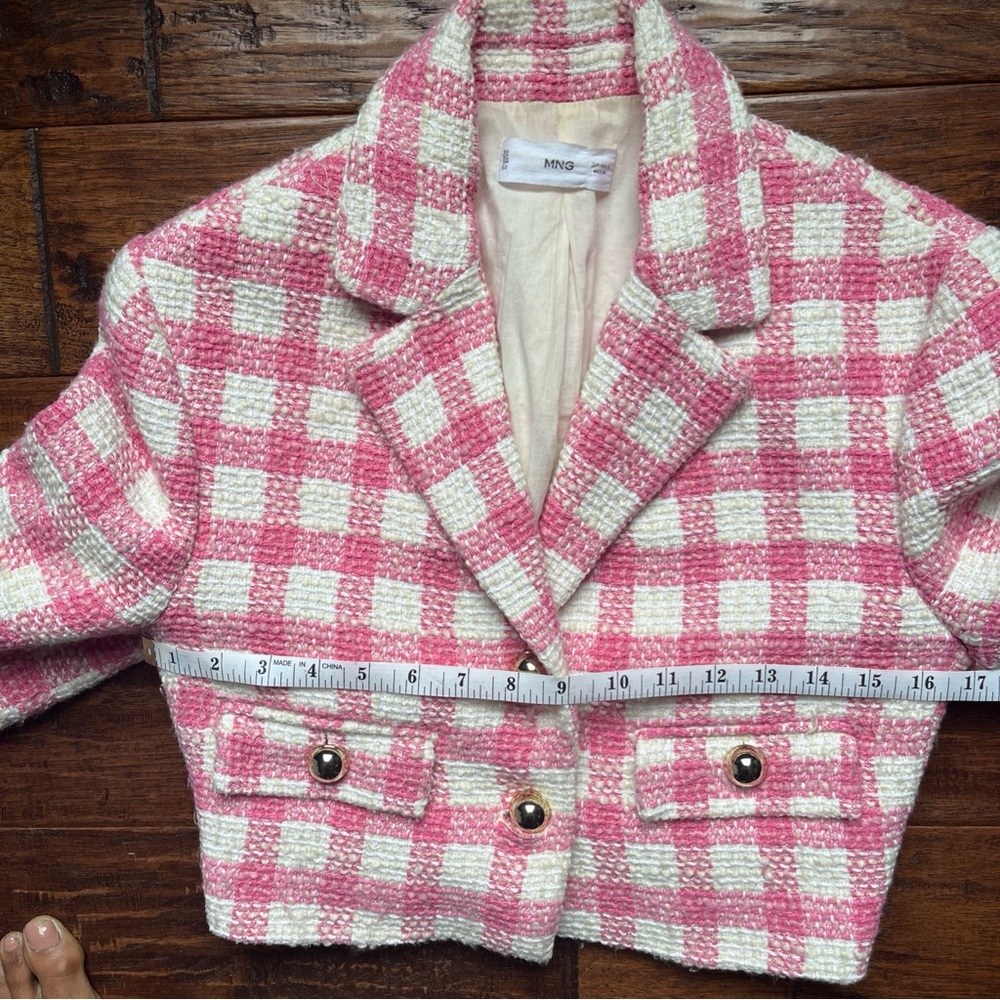 MANGO Pink White Plaid Check Tweed Cropped Blazer Jacket. - Picture 16 of 16